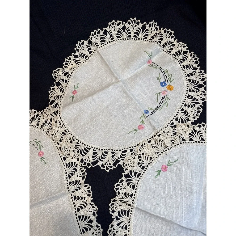 Vintage handmade Doilies  with embroidery and Crochet lace border lot of 3
